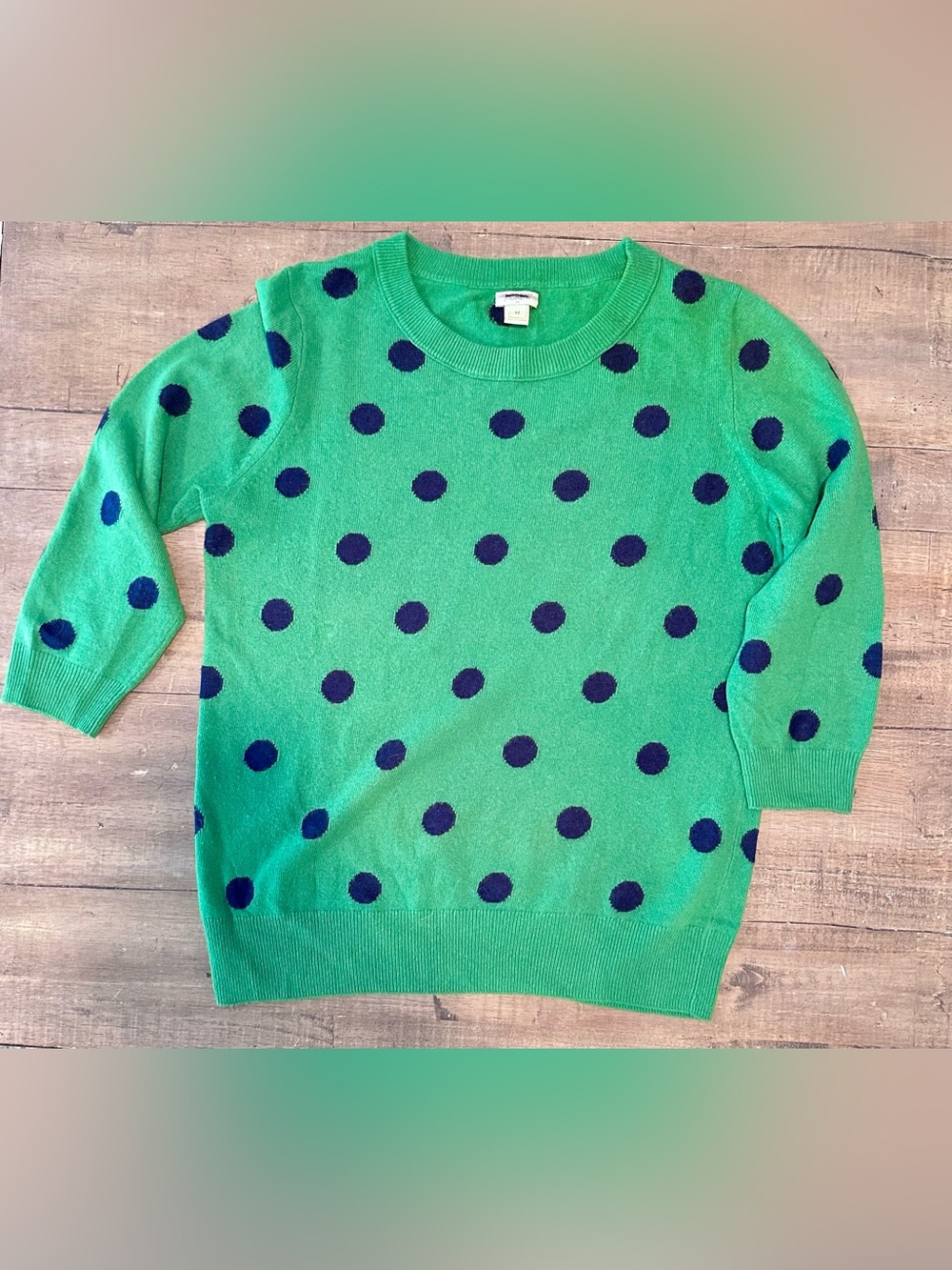 J. Crew Green Sweater with Navy Polka Dots